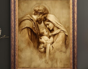 Holy Family Wall Art Print-Mary, Joseph & Baby Jesus| Christian Religious Wall Decor | Catholic Gift | Vintage Sepia Artwork