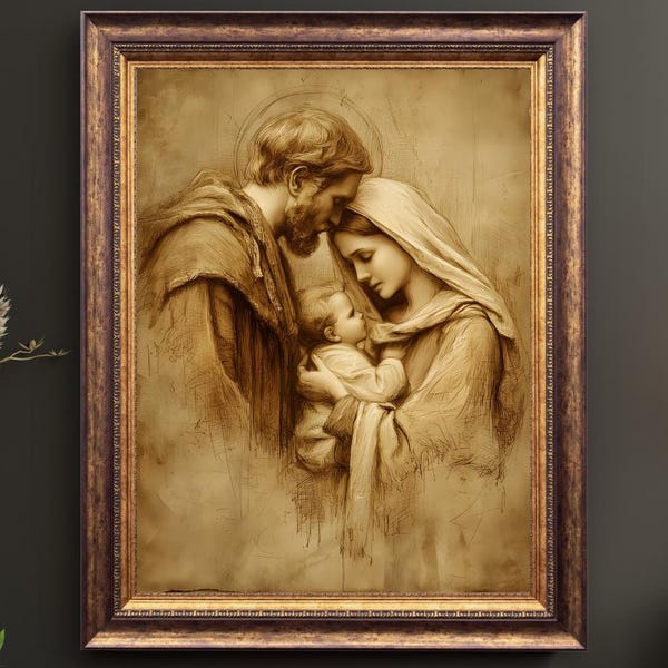 Heilige familie kunst aan de muur: Maria, Jozef en het kindje Jezus| Christelijk religieus muurdecor | Katholiek cadeau | Vintage sepiakunstwerk