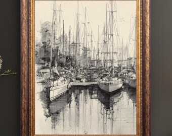 Sailboat Sketch Print, Vintage Nautical Wall Art, Coastal Boat Drawing, Seaside Harbor Poster