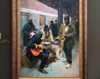 Subway Jazz Band Wall Art, Street Musicians Print, NYC Subway Poster, Jazz Decor, Impressionist Saxophone Player Painting, City Life Poster