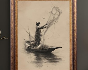 Vintage Fisherman Sketch Print , Fisherman Illustration Poster, Coastal Wall Art , Modern Organic Decor