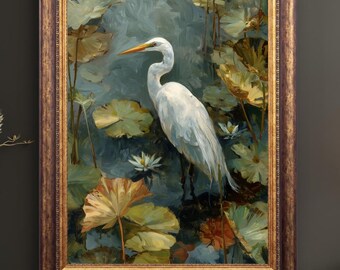 White Heron Wall Art Print, Coastal Bird Painting, Egret Artwork, Water Lily Pond Decor, Nature Wall Art