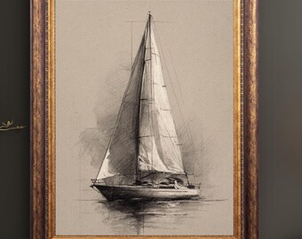 Sailboat Sketch Print, Vintage Nautical Wall Art, Coastal Boat Charcoal Pencil Drawing