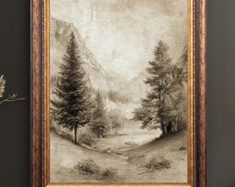Mountain Landscape Charcoal Sketch Print, Vintage Nature Wall Art, Forest Valley Drawing, Rustic Cabin Decor, Neutral Wall Decor