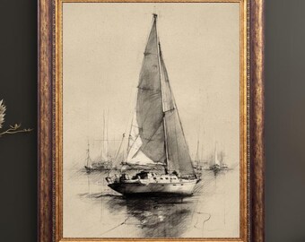Vintage Sailboat Sketch Print,Nautical Wall Art, Coastal Boat Charcoal Pencil Drawing