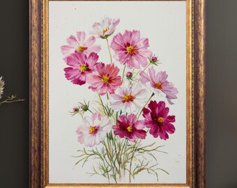 Cosmos Flower Watercolor Print, Cottagecore Floral Wall Art, Botanical Garden Decor, Soft Feminine Bedroom Art