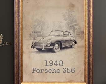 Vintage Porsche 356 Sketch Print, Classic Car Wall Art, Antique Car Poster, Retro Garage Decor