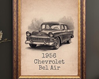 Vintage Chevrolet Bel Air Sketch Print, Classic Automobile Wall Art, Man Cave Art, Rustic Garage Decor