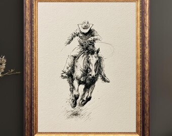Cowboy Horse Pen Ink Sketch Art Print | Western Ranch Decor | Equestrian Print | Minimalistic Vintage Wall Art