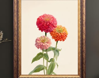 Zinnia Flower Wall Art Print, Botanical Watercolor, Floral Wall Decor, Cottagecore Art, Vintage Garden Print
