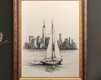 New York City Sailboat Sketch Print | Rustic Sailing Yacht Art | Manhattan Skyline Pen & Ink Drawing  | Black and White Art Print