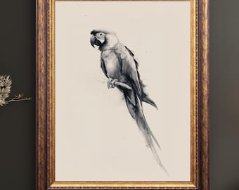 Parrot Watercolor Print,  Minimalist Wildlife Artwork, Tropical Bird Decor, Black and White Parrot Painting, Macaw Bird Wall Art