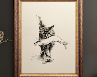 Cat with Fish Art Print | Black Kitten Sketch | Vintage Animal Print | Whimsical Cat Artwork | Minimalist Wall Art