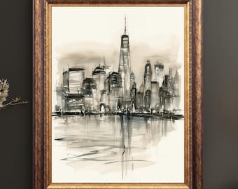 New York Night Skyline Watercolor Print, Abstract Minimalist NYC Wall Art, Black and White Cityscape, Modern Decor