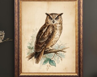 Vintage Owl Wall Art Print, Watercolor Owl Illustration, Woodland Bird Decor, Great Horned Owl Sketch, Cottagecore Wall Decor
