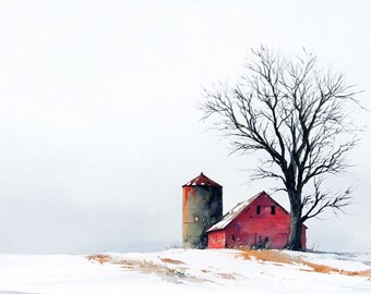 Red Barn Winter Watercolor Print, Snowy Farm Landscape Wall Art, Rustic American Countryside, Modern Minimalistic Farmhouse Decor