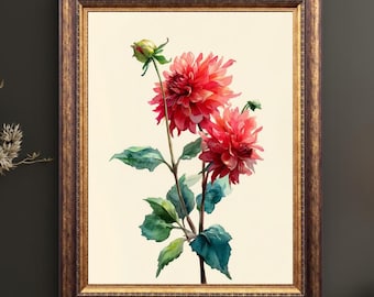 Red Dahlia Watercolor Print, Botanical Floral Illustration, Vintage Garden Wall Art (Digital Print)