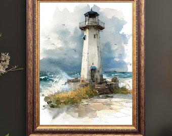 Coastal Lighthouse Watercolor Print, Nautical Wall Art, Ocean Lighthouse Painting, Beach House Decor, Seaside Landscape Artwork