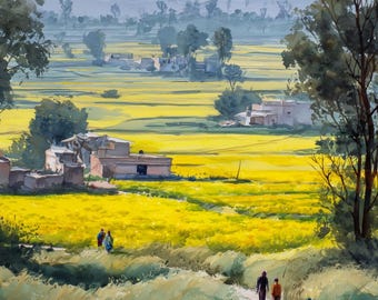Punjab Farm Landscape Watercolor Print, Indian Village Landscape Art, Countryside Wall Art, Mustard Fields of Punjab