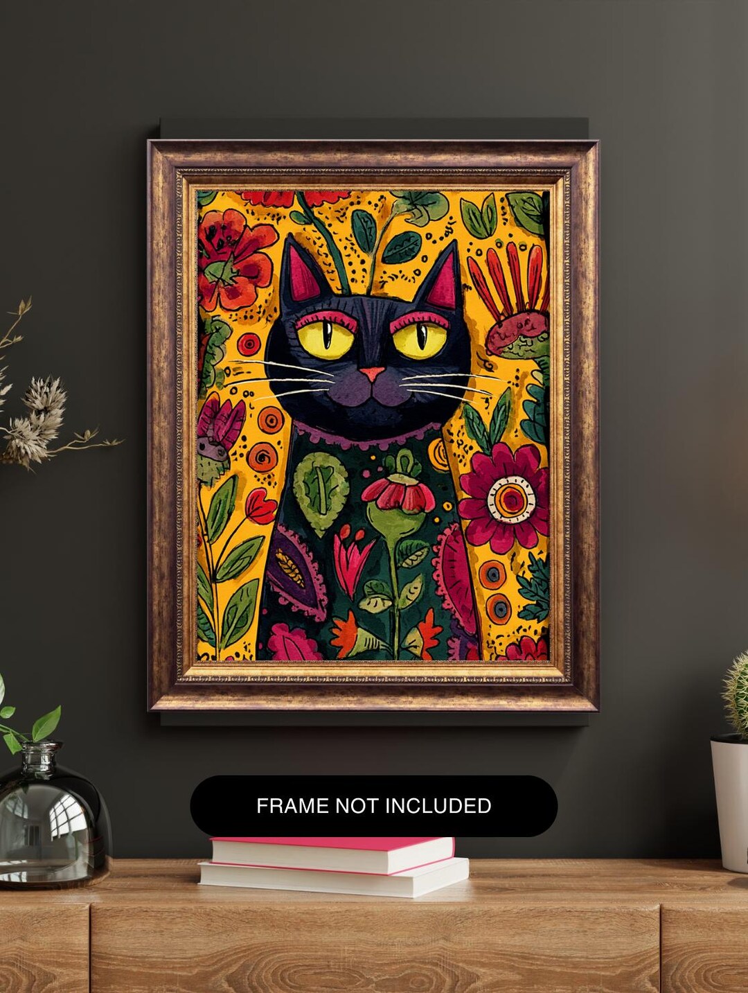 Floral Cat Folk Art Illustration, Whimsical Black Cat Wall Art Print ...