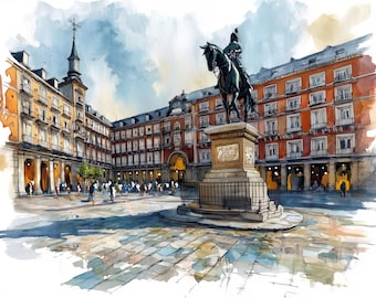 Madrid Plaza Mayor Watercolor Print, Spain Cityscape Art, Historic Europe Travel Art
