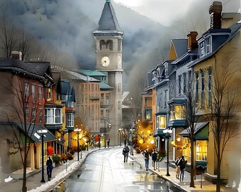 Jim Thorpe Poconos Watercolor Print, Pennsylvania Mountain Town Wall Art, Winter Main Street Scene, Pocono Mountains Decor