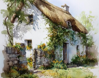 Irish Cottage Watercolor Print -Thatched Roof Cottage Wall Art, Rustic Countryside Painting, English Cottagecore Decor
