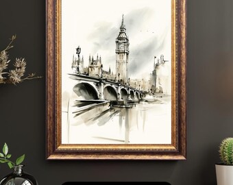 London Cityscape Wall Art Print, Big Ben Watercolor,  Westminster Bridge Sketch, Minimalist European Travel Decor