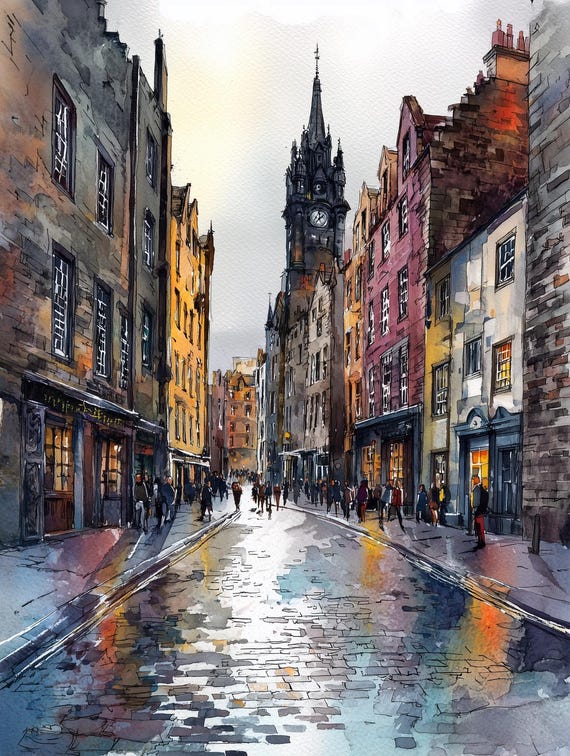 Edinburgh Old Town Watercolor Print - Royal Mile Street Scene Wall Art, Scotland Cityscape Poster, Historic Europe Travel Art