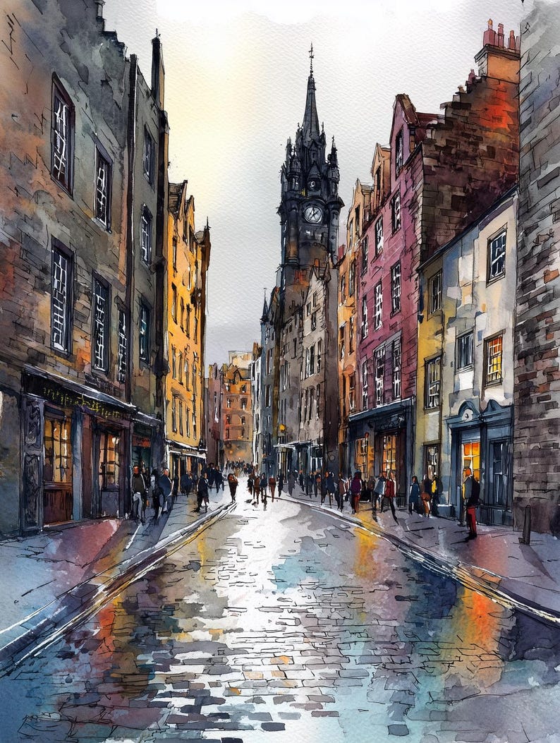 May include: A watercolor painting of a narrow cobblestone street lined with tall, multi-story buildings in shades of gray, yellow, and pink. A prominent clock tower rises in the distance. People walk along the sidewalks under a bright sky.