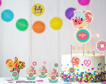 Plantilla editable en Canva para decorar pastel Caramelo, Editable template in Canva to decorate Candy land cake, topper decoration Sweet