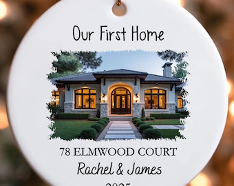 May include: White ceramic ornament with a gold string, featuring a photo of a house and the text "Our First Home", "78 ELMWOOD COURT", "Rachel & James", and "2025". The ornament has a "FREE GIFT BOX" and "SAME DAY SHIPPING" label.