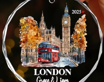 Personalized London Christmas Ornament, Custom London Travel Keepsake, England Travel Ornament, Christmas Bauble, Couple Engagement Gift