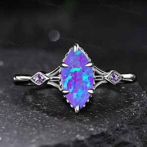 Handmade Vintage Marquise Cut Fire Lavender opal Engagement Ring For Women Black Gold Ring Art Deco Ring Gemstone Cluster Ring Wedding Gifts