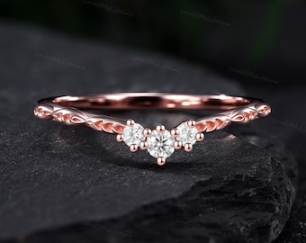 Anello nuziale vintage curvo con moissanite, in oro rosa e diamanti, fede nuziale unica da donna, anelli impilabili, fede coordinata in stile Art Déco, regalo per lei.