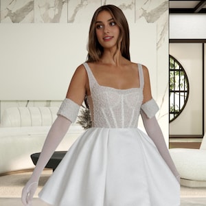 Custom White Satin Prom Dress – Strapless A-Line Gown with Pearls and Gloves