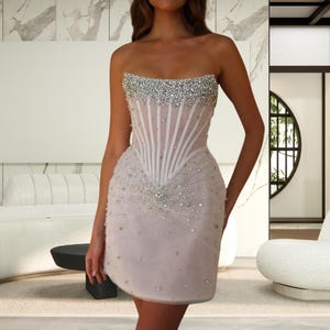 Custom White Glitter Prom Dress – Strapless Backless Knee-Length Gown - Wedding Dresses