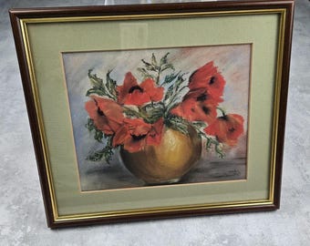 Vintage 1980s Original Framed Red Poppy Pastel Drawing by Claudio Cottagecore Botanical Wall Art