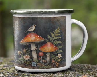 Taza de camping esmaltada de acero inoxidable con temática de setas del bosque.