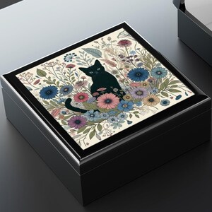 Boho Floral Black Cat Jewelry Box: Wooden Keepsake Trinket Holder