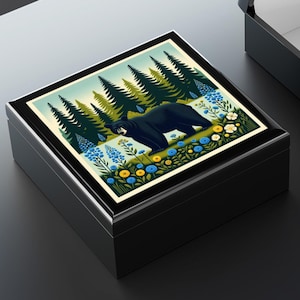 Black Bear Wooden Jewelry Box: Folk Art Trinket Organizer