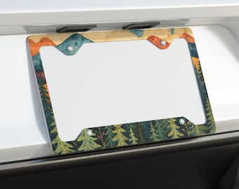 Moldura de placa metálica para carro com pôr do sol na floresta e montanha - Suporte para placa com paisagem natural