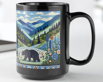 Black Bear Coffee Mug: Scenic Mountain Folk Art, Cabin Decor