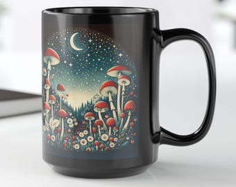 Mushroom Mug: Black Ceramic Coffee Cup - Cottagecore Forest Design
