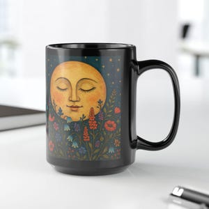 Celestial Moon Mug: Folk Art Wildflower Coffee Cup