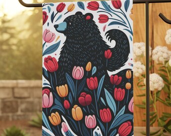 Black Bear Garden Flag: Folk Art Tulips, Spring Welcome Banner