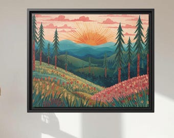 Arte popular con paisaje de montaña al amanecer - Lienzo mate enmarcado - Arte mural escénico