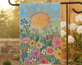 Bandeira de Jardim com Flores Silvestres ao Nascer do Sol - Bandeira para Casa na Primavera e no Verão, Decoração para Varanda