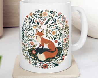 Whimsical Fox Ceramic Coffee Mug: Scandinavian Floral Design