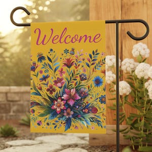 Floral Welcome Garden Flag,  Botanical Banner, House Garden Decor, Outdoor Garden Sign, Spring Summer Garden Flag, Yard Art